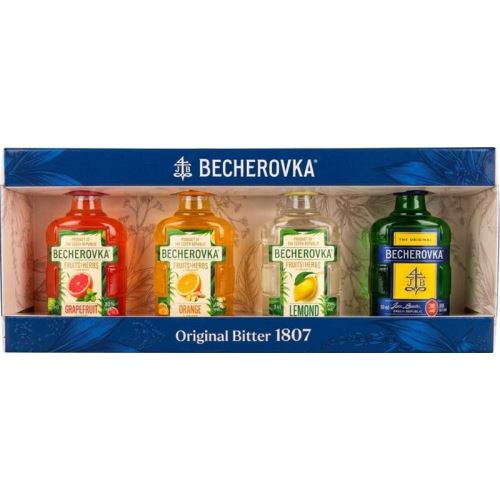 Likér Becherovka Karlovarská mini 4x 50ml box (Original 38%,Grapefruit,Lemond,Orange 20%)